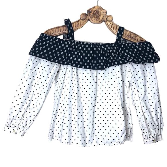 LOFT Top Cold Off the Shoulder Embroidered Clip Dot Color Block Flounce Shirt SP - Picture 2 of 8